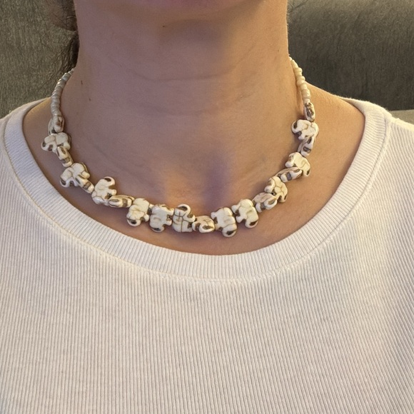 Handmade Cream Elephant Bead 16” Necklace & Matching Earring Set, Silver - Picture 6 of 7